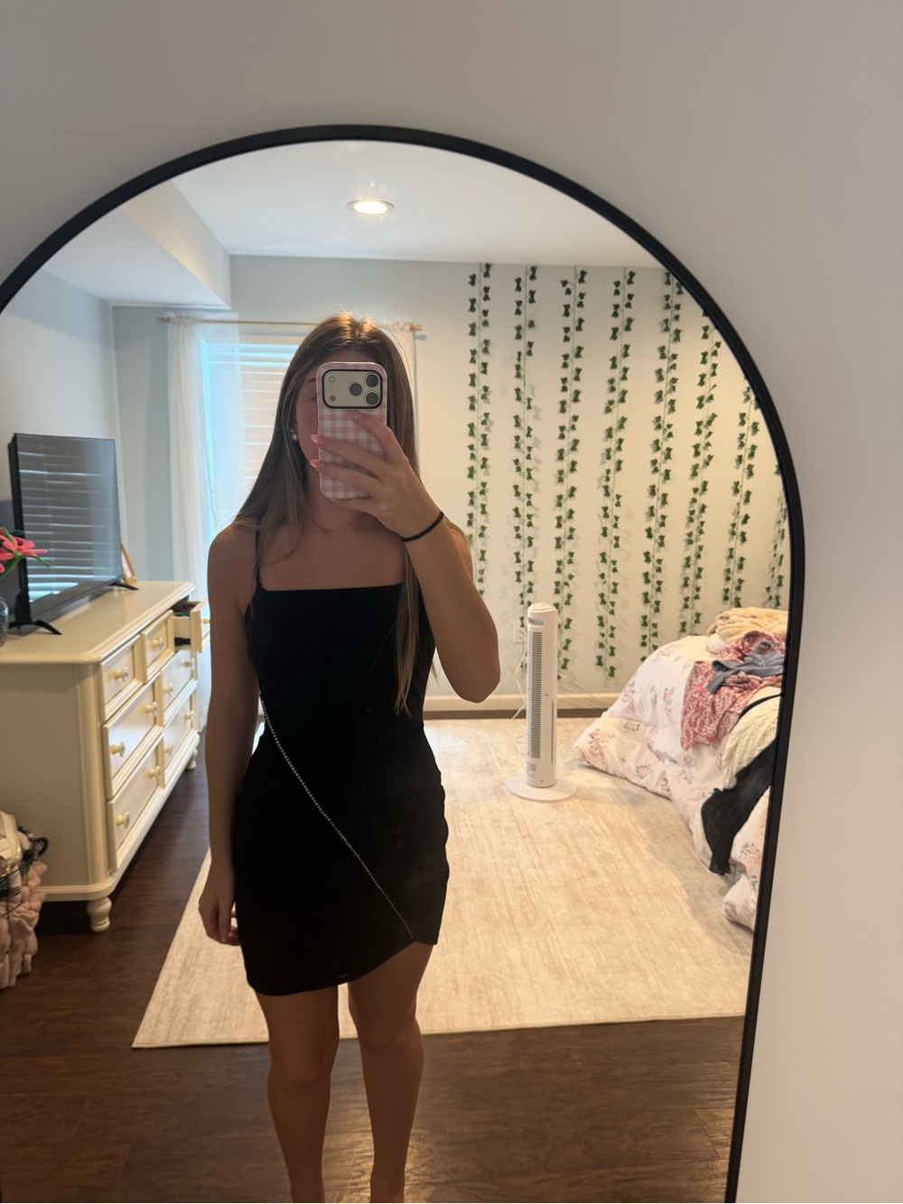 Windsor Black Square-Neck Mini Dress with Delicate Chain Detail